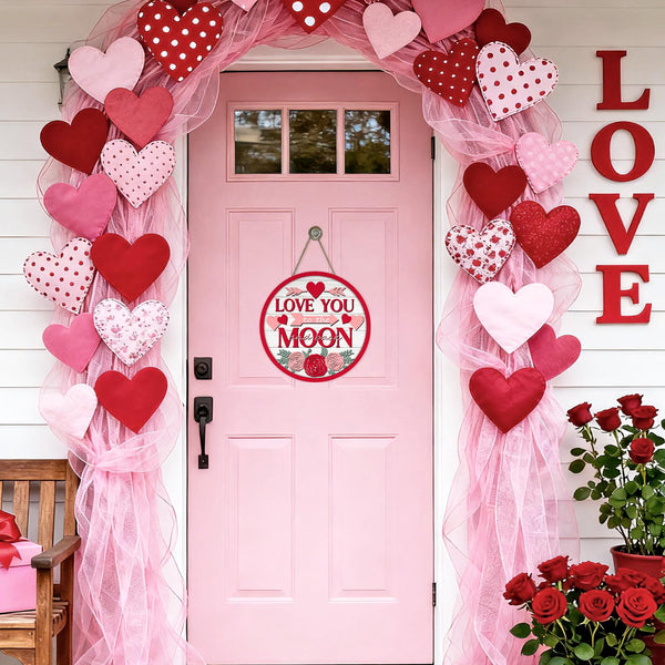 Valentines Day Front Door Sign, Love You to The Moon and Back Rose Hearts Wood Hanger Outdoor Porch Home Decor