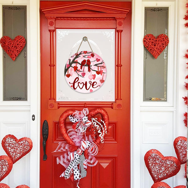 Valentine's Day Love Pink Front Door Sign, Red Heart Tree Birds Wood Door Hanger, Anniversary Wedding Wooden Wreath Hanging Decoration