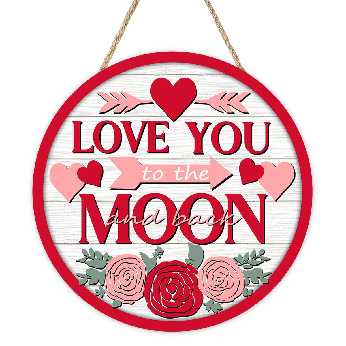 Valentines Day Front Door Sign, Love You to The Moon and Back Rose Hearts Wood Hanger Outdoor Porch Home Decor