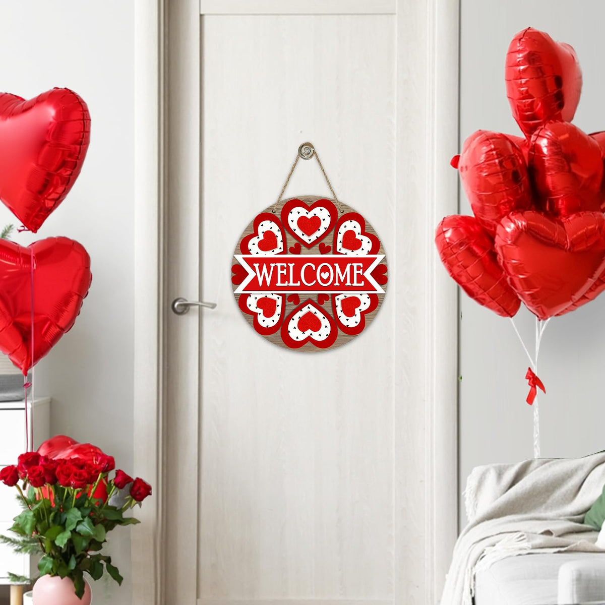 Welcome Valentine's Day Love Front Door Sign, Red Hearts Farmhouse Wood Door Hanger Outdoor Outside Porch Decor