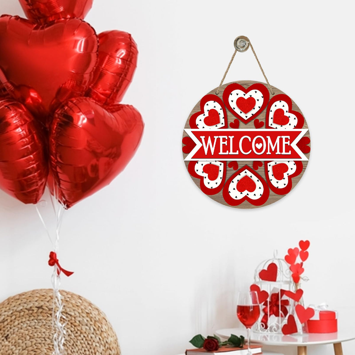 Welcome Valentine's Day Love Front Door Sign, Red Hearts Farmhouse Wood Door Hanger Outdoor Outside Porch Decor