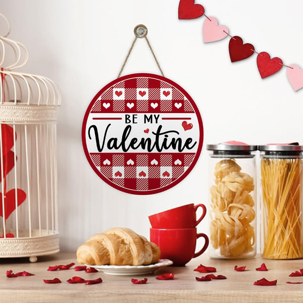 Valentines Day Front Door Sign, Be My Valentine Buffalo Plaid Red Hearts Wood Hanger Outdoor Outside Porch Home Decor