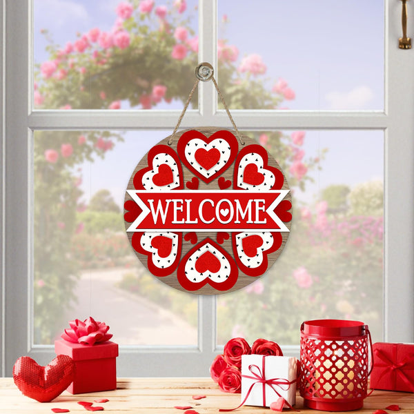 Welcome Valentine's Day Love Front Door Sign, Red Hearts Farmhouse Wood Door Hanger Outdoor Outside Porch Decor