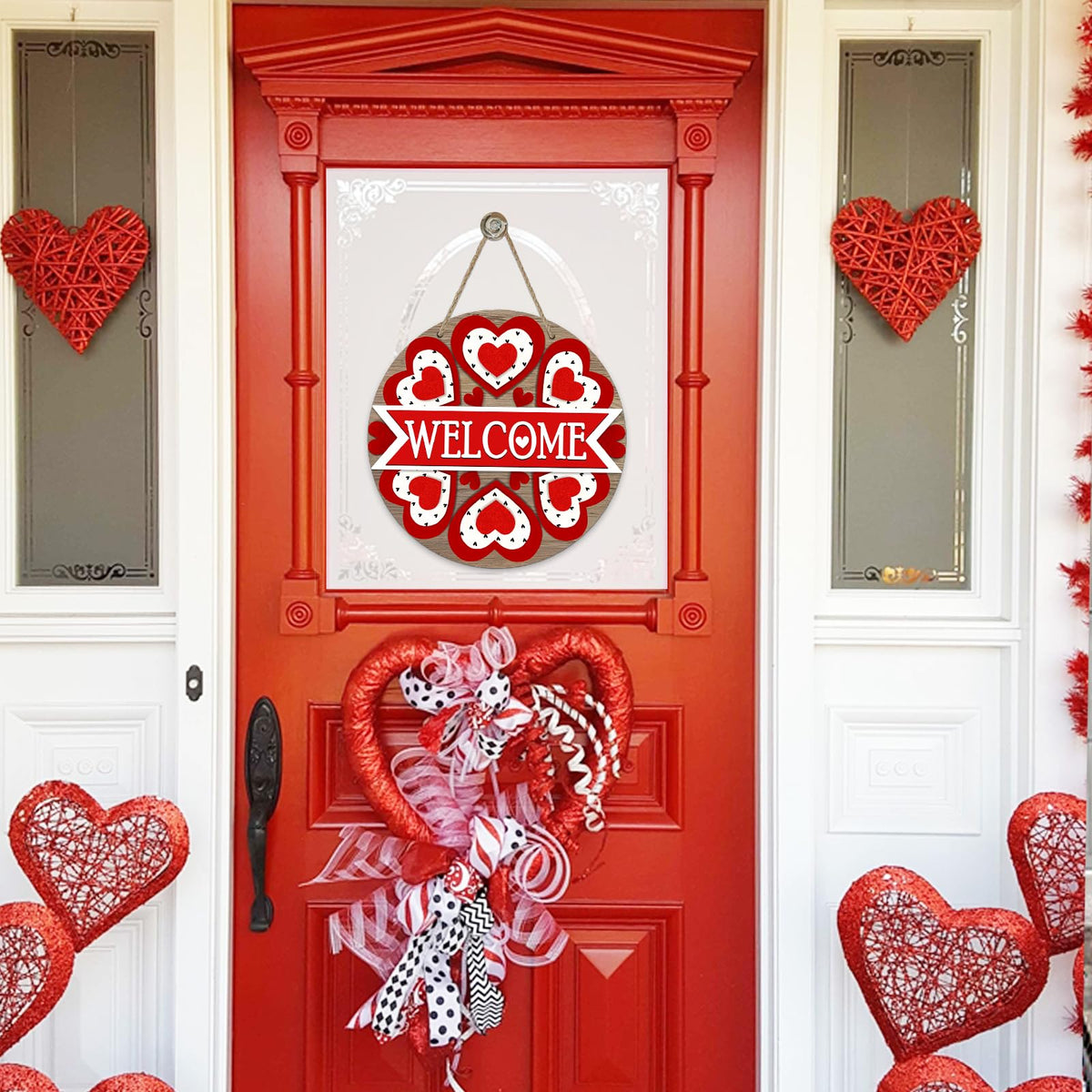 Welcome Valentine's Day Love Front Door Sign, Red Hearts Farmhouse Wood Door Hanger Outdoor Outside Porch Decor