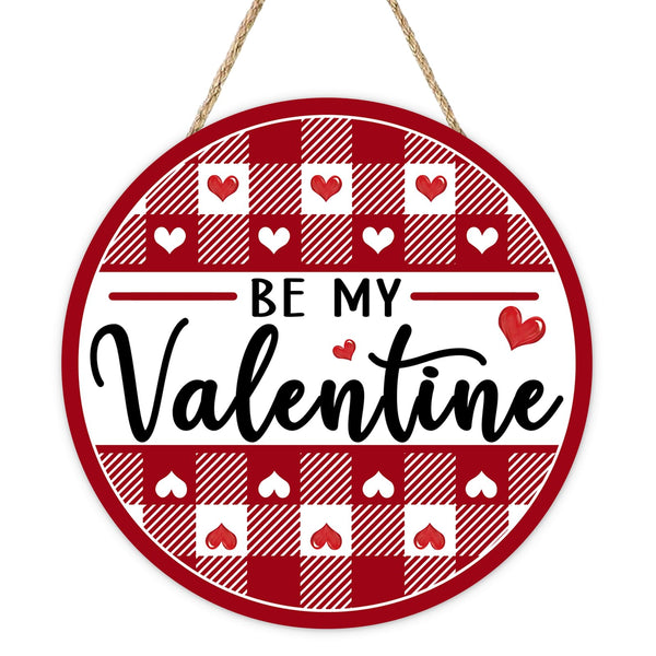 Valentines Day Front Door Sign, Be My Valentine Buffalo Plaid Red Hearts Wood Hanger Outdoor Outside Porch Home Decor
