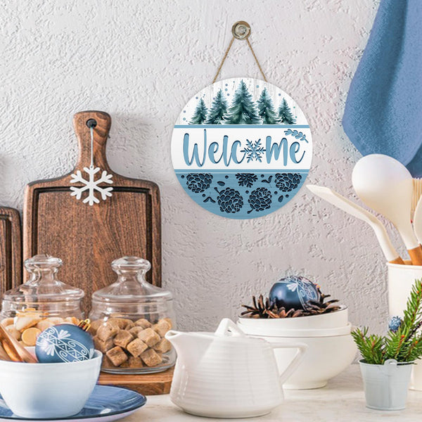 Welcome Winter Pine Tree Blue Front Door Sign, Pine Cones Snowflake Wood Hanger Outdoor Outside Porch Home Decor