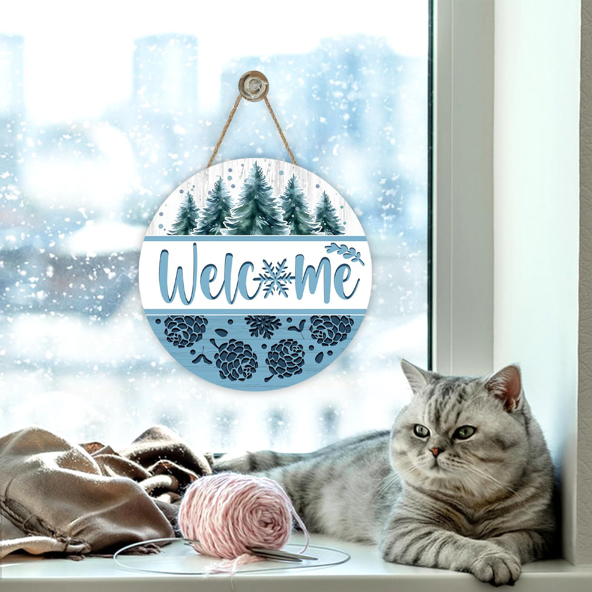 Welcome Winter Pine Tree Blue Front Door Sign, Pine Cones Snowflake Wood Hanger Outdoor Outside Porch Home Decor