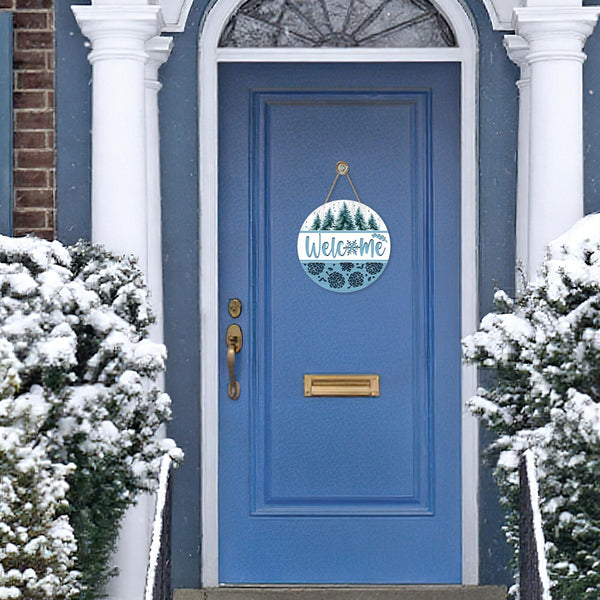 Welcome Winter Pine Tree Blue Front Door Sign, Pine Cones Snowflake Wood Hanger Outdoor Outside Porch Home Decor