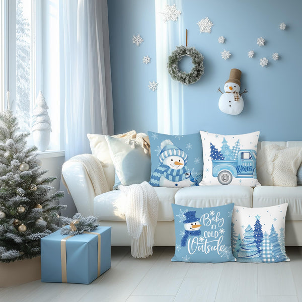 Blue Snowman Christmas Throw Pillow Covers 18x18 Inch Winter Xmas Trees Truck Snowflakes