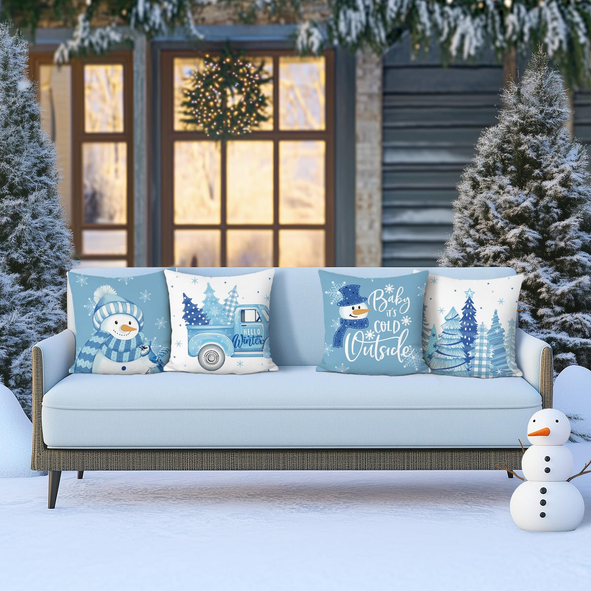 Blue Snowman Christmas Throw Pillow Covers 18x18 Inch Winter Xmas Trees Truck Snowflakes