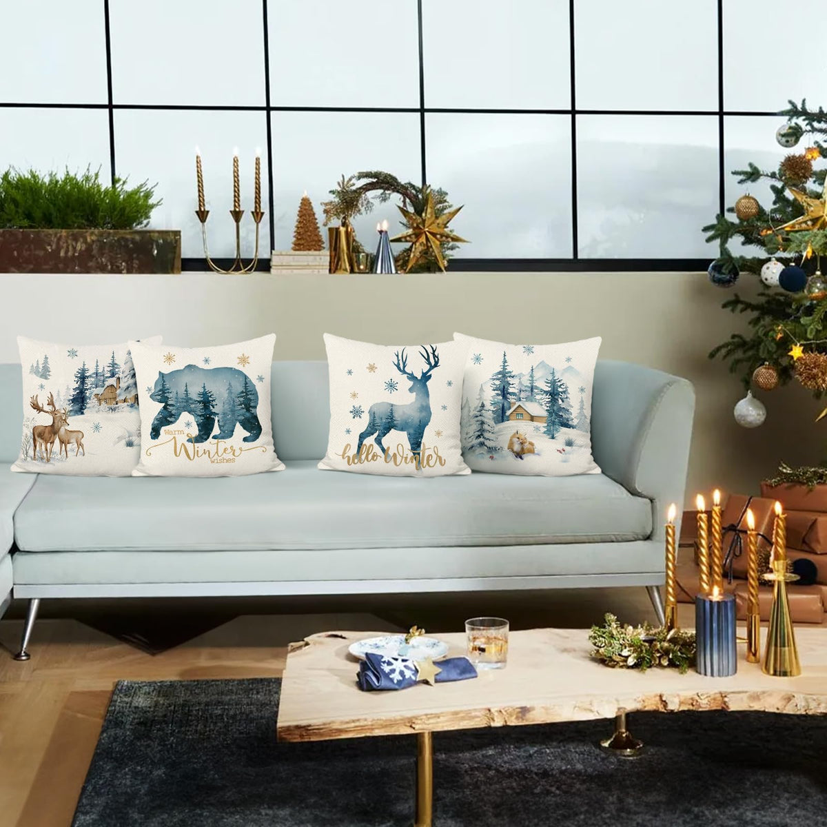 Blue Winter Forest Reindeer Throw Pillow Covers 18x18 Inch Bear Deer Snow Pine Tree