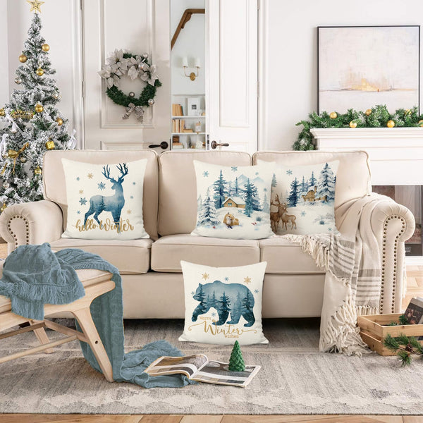 Blue Winter Forest Reindeer Throw Pillow Covers 18x18 Inch Bear Deer Snow Pine Tree