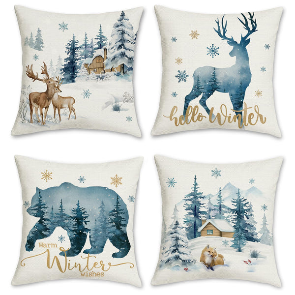 Blue Winter Forest Reindeer Throw Pillow Covers 18x18 Inch Bear Deer Snow Pine Tree