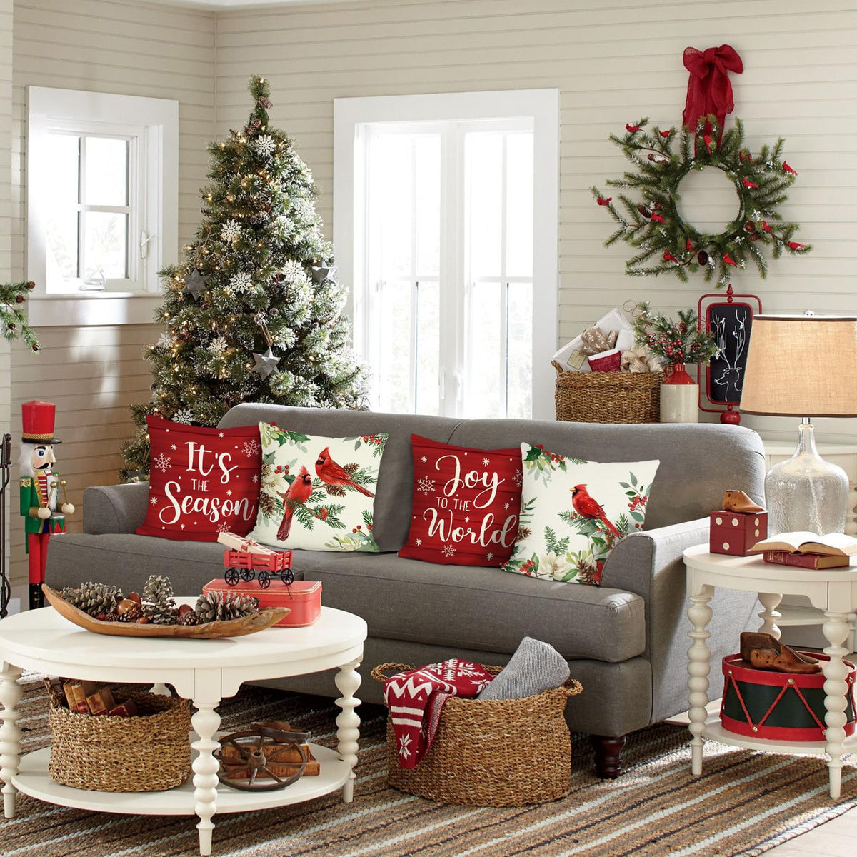 Christmas Cardinal Throw Pillow Covers 18 x 18 Inch Poinsettia Red Bird Holly Berries Floral Joy to The World