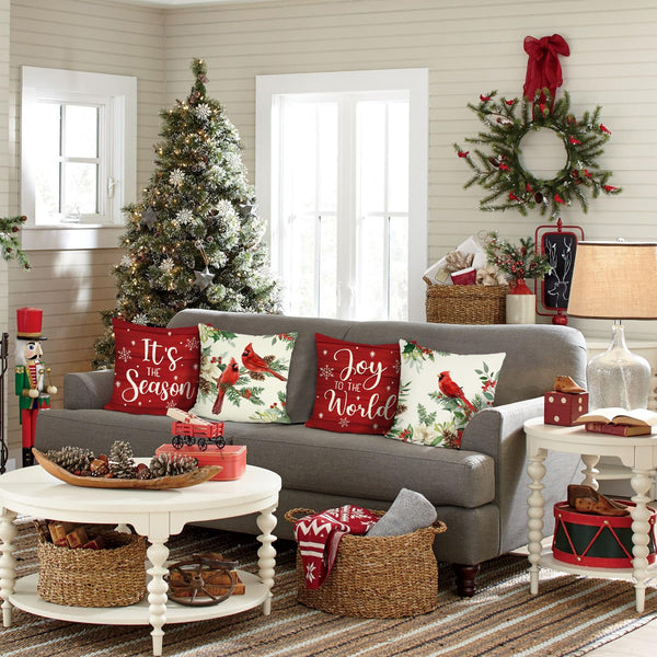 Christmas Cardinal Throw Pillow Covers 18 x 18 Inch Poinsettia Red Bird Holly Berries Floral Joy to The World
