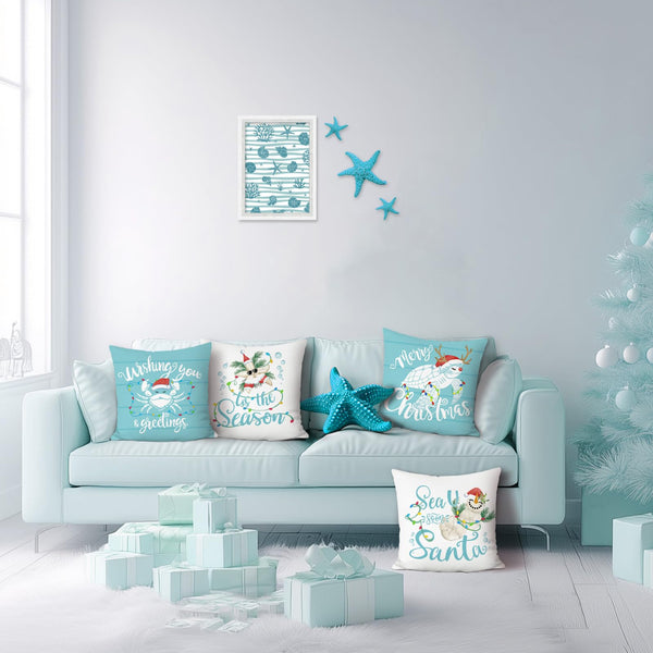 Christmas Coastal Throw Pillow Covers 18 x 18 Inch Teal Blue Ocean Sea Turtle Crab Starfish Beach