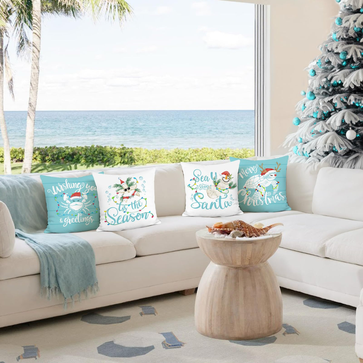 Christmas Coastal Throw Pillow Covers 18 x 18 Inch Teal Blue Ocean Sea Turtle Crab Starfish Beach