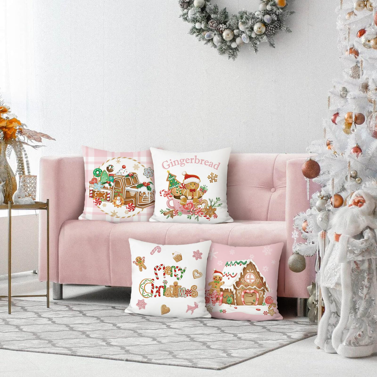 Christmas Gingerbread Throw Pillow Covers 18 x 18 Inch Truck Gingerbread House Hot Cocoa Pink
