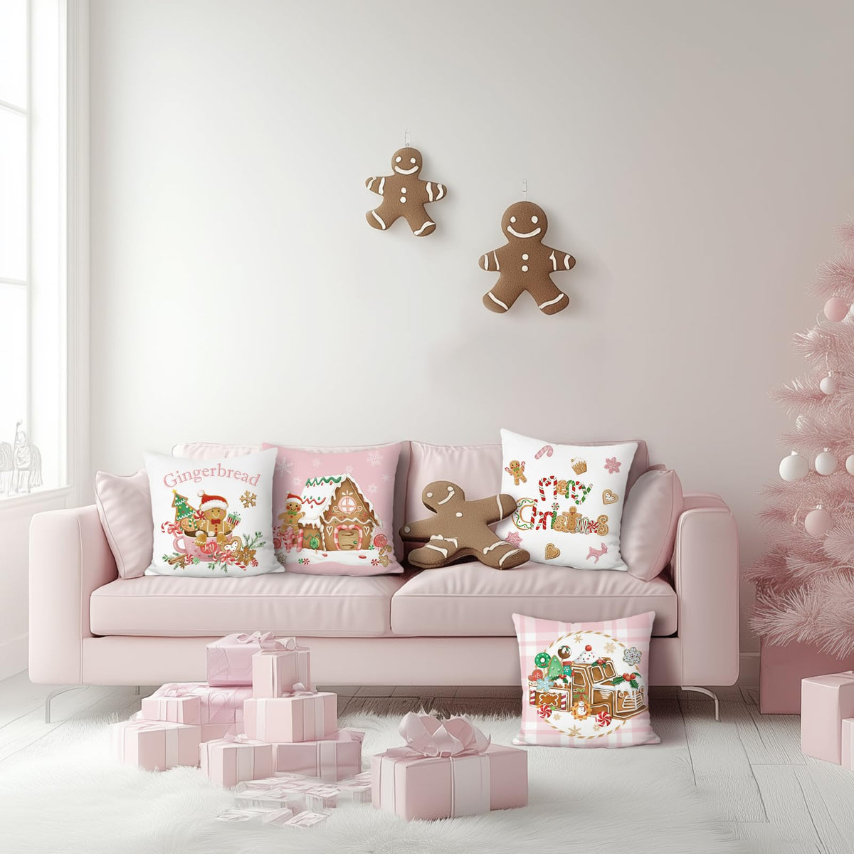 Christmas Gingerbread Throw Pillow Covers 18 x 18 Inch Truck Gingerbread House Hot Cocoa Pink
