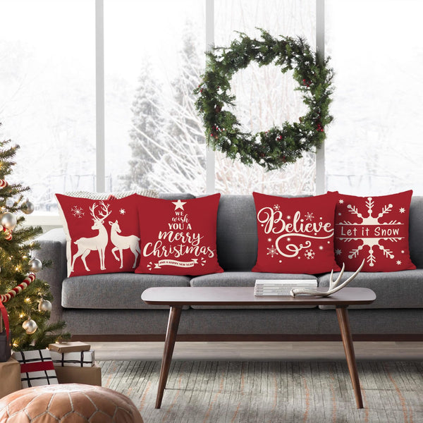 Christmas Red Throw Pillow Covers 18 x 18 Inch Reindeer Snowflake Believe