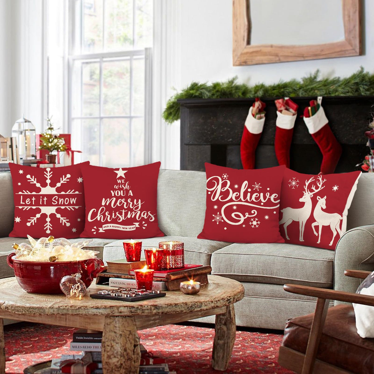 Christmas Red Throw Pillow Covers 18 x 18 Inch Reindeer Snowflake Believe