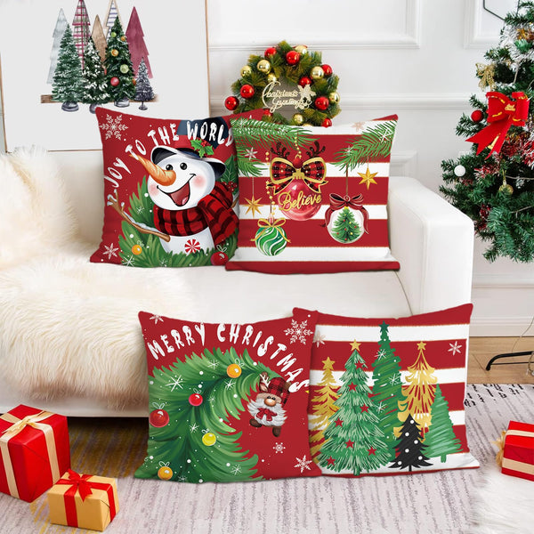 Christmas Snowman Throw Pillow Covers 18 x 18 Inch Xmas Trees Balls Gnome Red Stripes Winter Holiday
