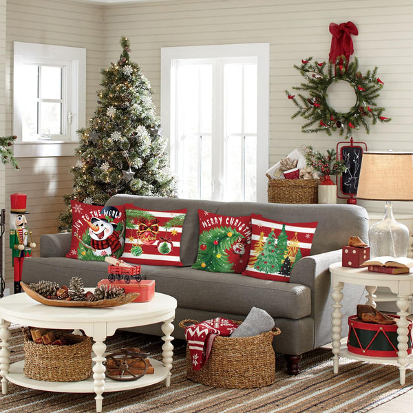 Christmas Snowman Throw Pillow Covers 18 x 18 Inch Xmas Trees Balls Gnome Red Stripes Winter Holiday