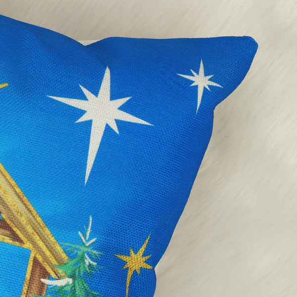 Blue Christmas Throw Pillow Covers 18 x 18 Inch O Holy Night Jesus Xmas Trees Cow Sheep