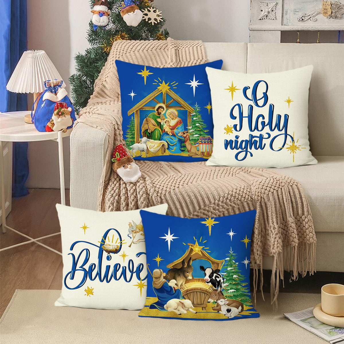 Blue Christmas Throw Pillow Covers 18 x 18 Inch O Holy Night Jesus Xmas Trees Cow Sheep