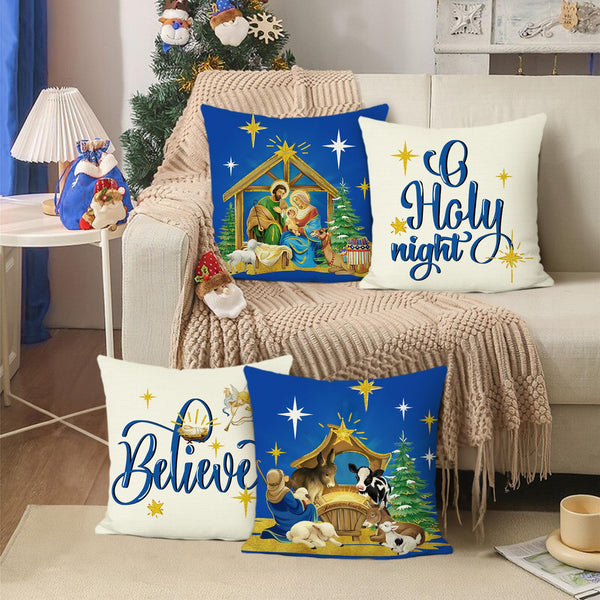 Blue Christmas Throw Pillow Covers 18 x 18 Inch O Holy Night Jesus Xmas Trees Cow Sheep