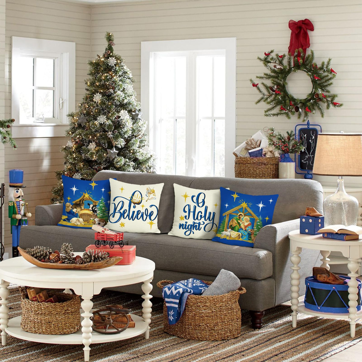 Blue Christmas Throw Pillow Covers 18 x 18 Inch O Holy Night Jesus Xmas Trees Cow Sheep