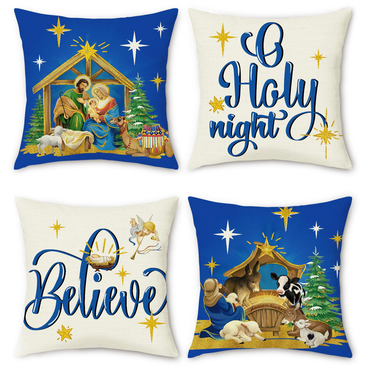 Blue Christmas Throw Pillow Covers 18 x 18 Inch O Holy Night Jesus Xmas Trees Cow Sheep