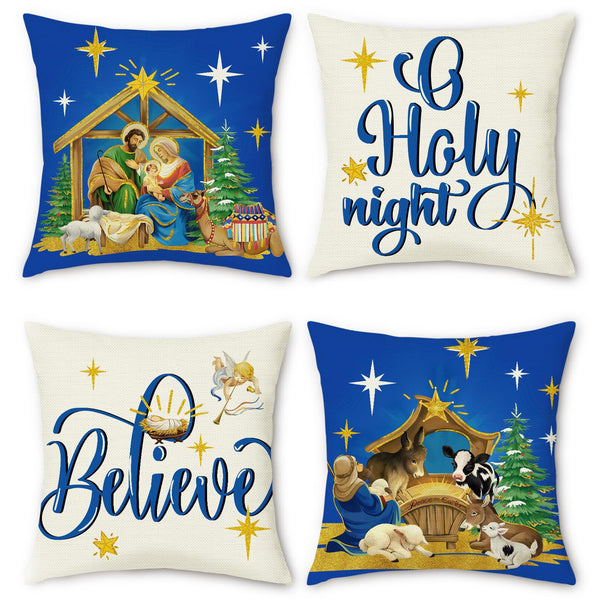 Blue Christmas Throw Pillow Covers 18 x 18 Inch O Holy Night Jesus Xmas Trees Cow Sheep