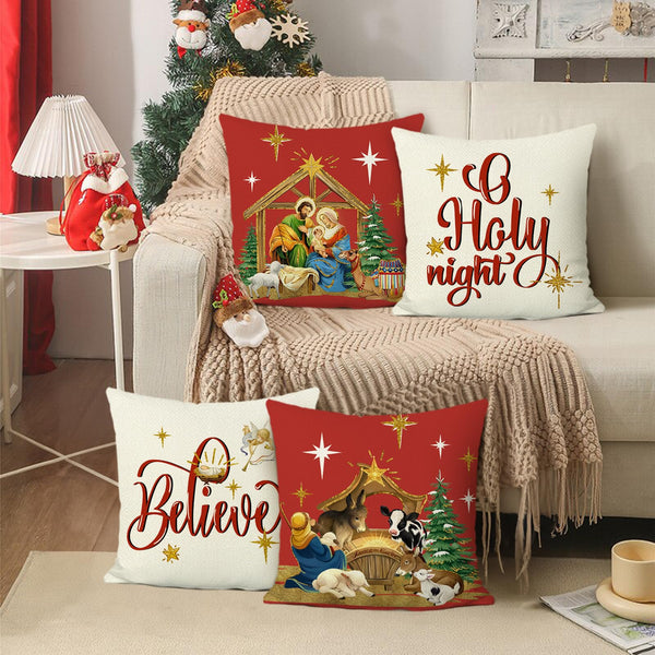 Christmas Throw Pillow Covers 18 x 18 Inch Holy Night Jesus Xmas Trees Animals Red