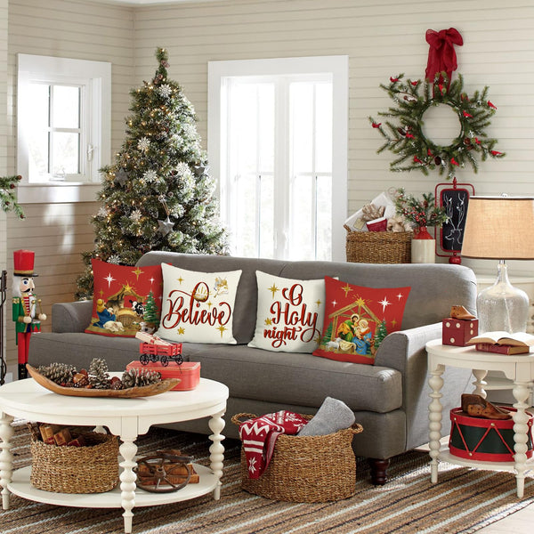 Christmas Throw Pillow Covers 18 x 18 Inch Holy Night Jesus Xmas Trees Animals Red