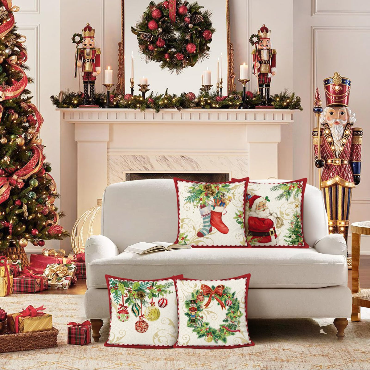 Christmas Throw Pillow Covers 18x18 Inch Santa Claus Merry Christmas Wreath Bells Socks