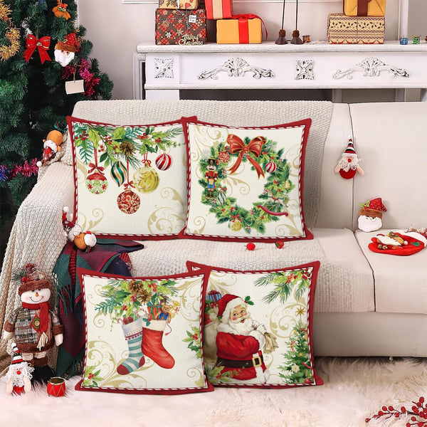 Christmas Throw Pillow Covers 18x18 Inch Santa Claus Merry Christmas Wreath Bells Socks