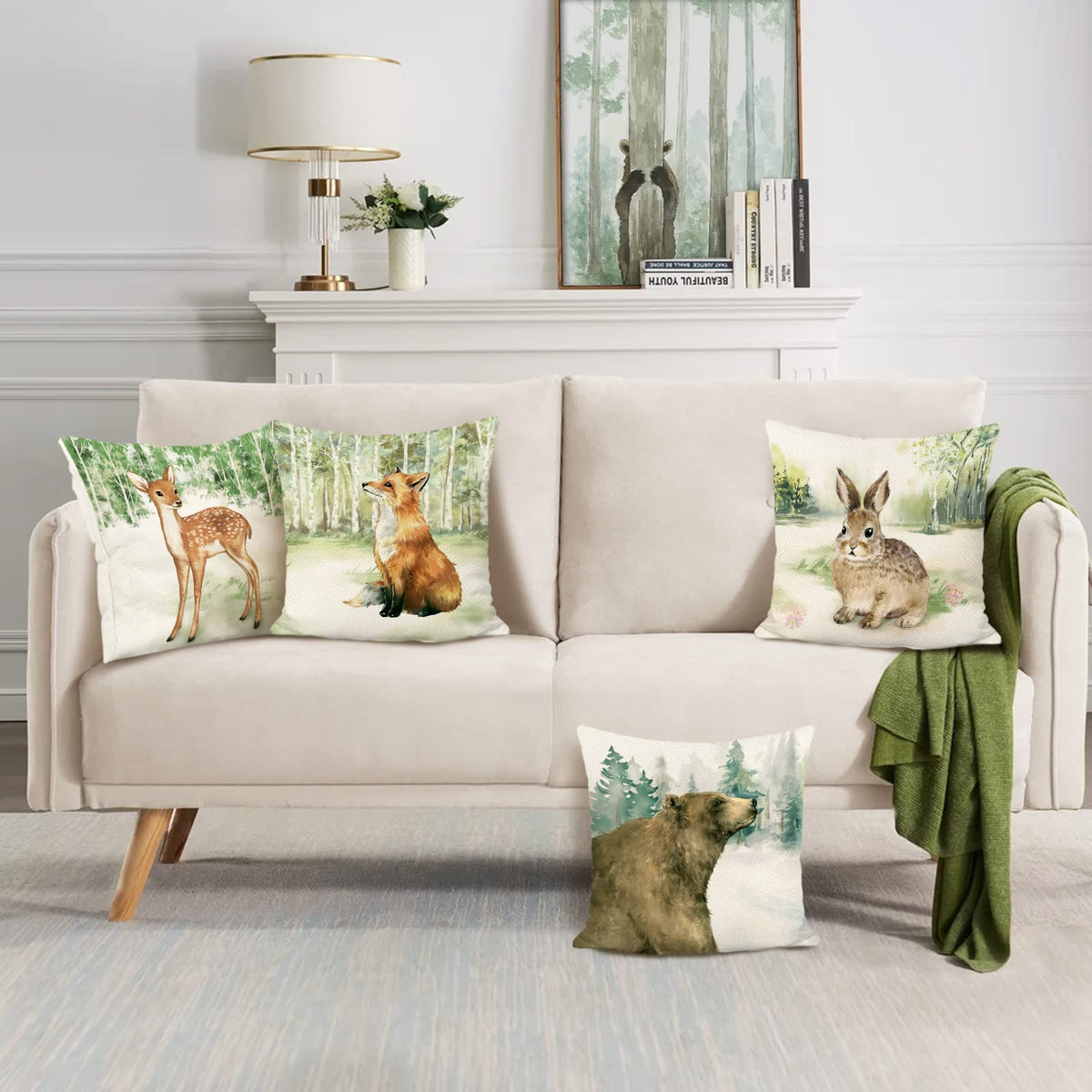 Forest Animals Pillow Covers 18x18 Set of 4 Deer Fox Rabbit Bear