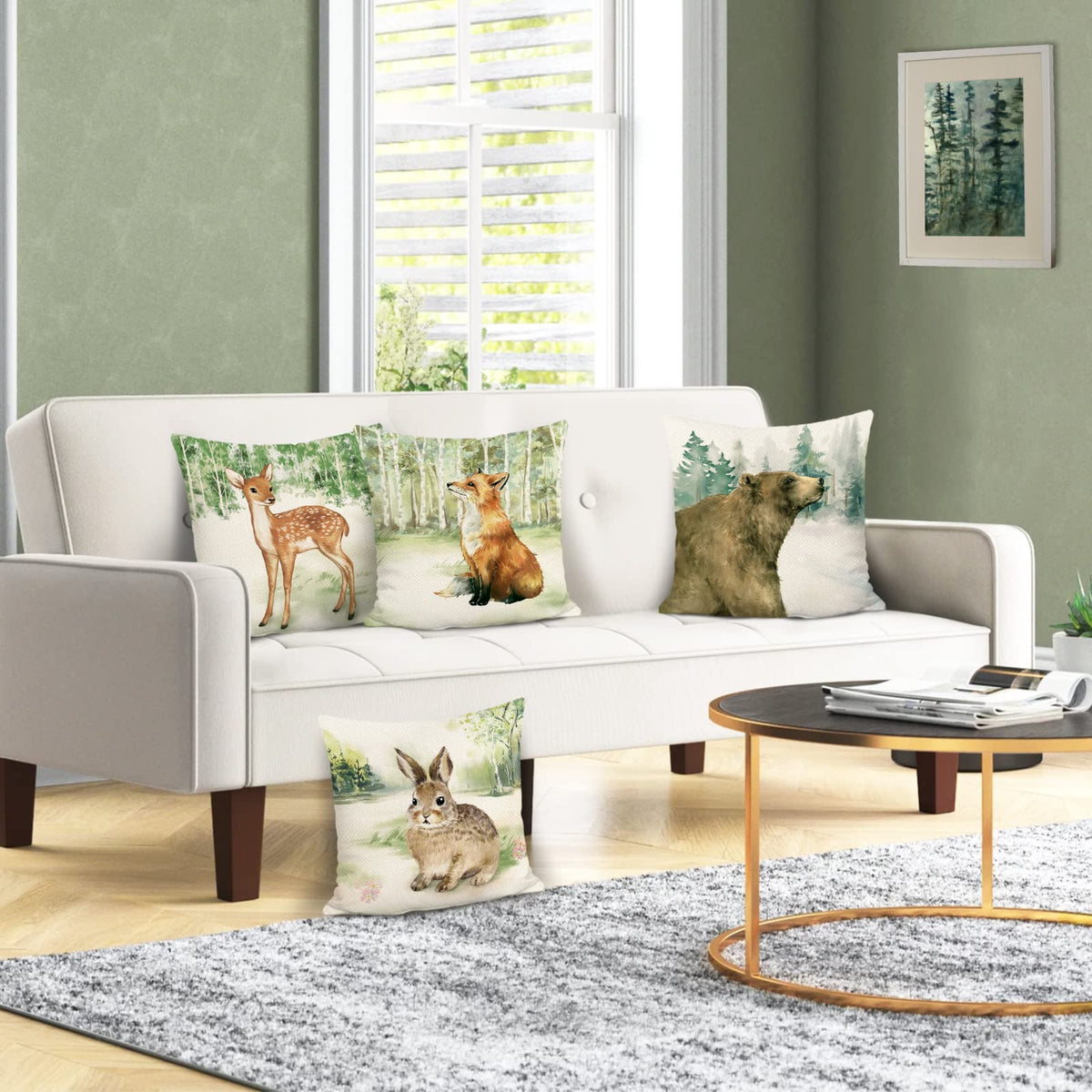 Forest Animals Pillow Covers 18x18 Set of 4 Deer Fox Rabbit Bear
