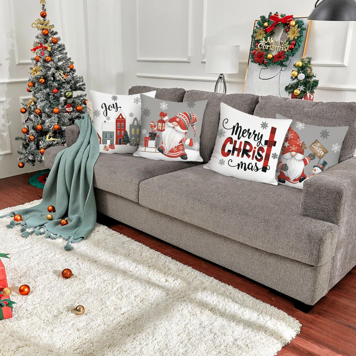 Grey Merry Christmas Throw Pillow Covers 18 x 18 Inch Joy Gnomes Snowflakes Snowman