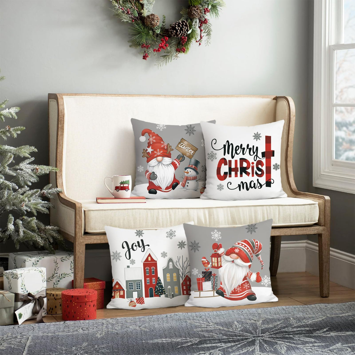Grey Merry Christmas Throw Pillow Covers 18 x 18 Inch Joy Gnomes Snowflakes Snowman