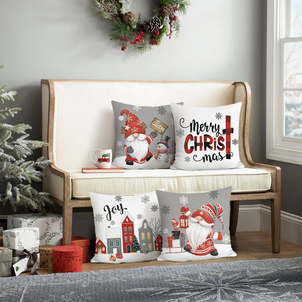 Grey Merry Christmas Throw Pillow Covers 18 x 18 Inch Joy Gnomes Snowflakes Snowman
