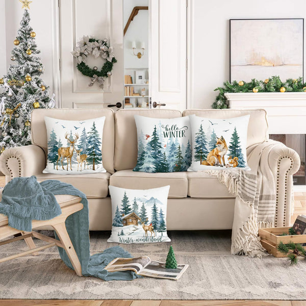 Hello Winter Throw Pillow Covers 18 x 18 Inch Reindeer Fox Squirrel Snowy Pine Trees