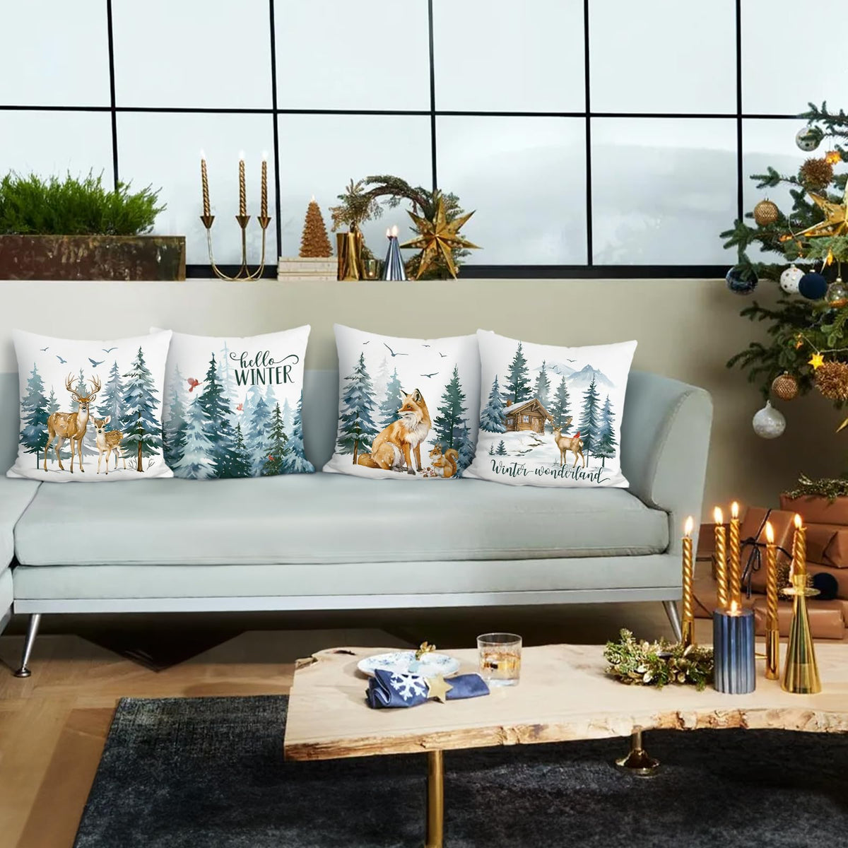 Hello Winter Throw Pillow Covers 18 x 18 Inch Reindeer Fox Squirrel Snowy Pine Trees