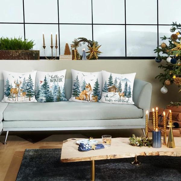 Hello Winter Throw Pillow Covers 18 x 18 Inch Reindeer Fox Squirrel Snowy Pine Trees