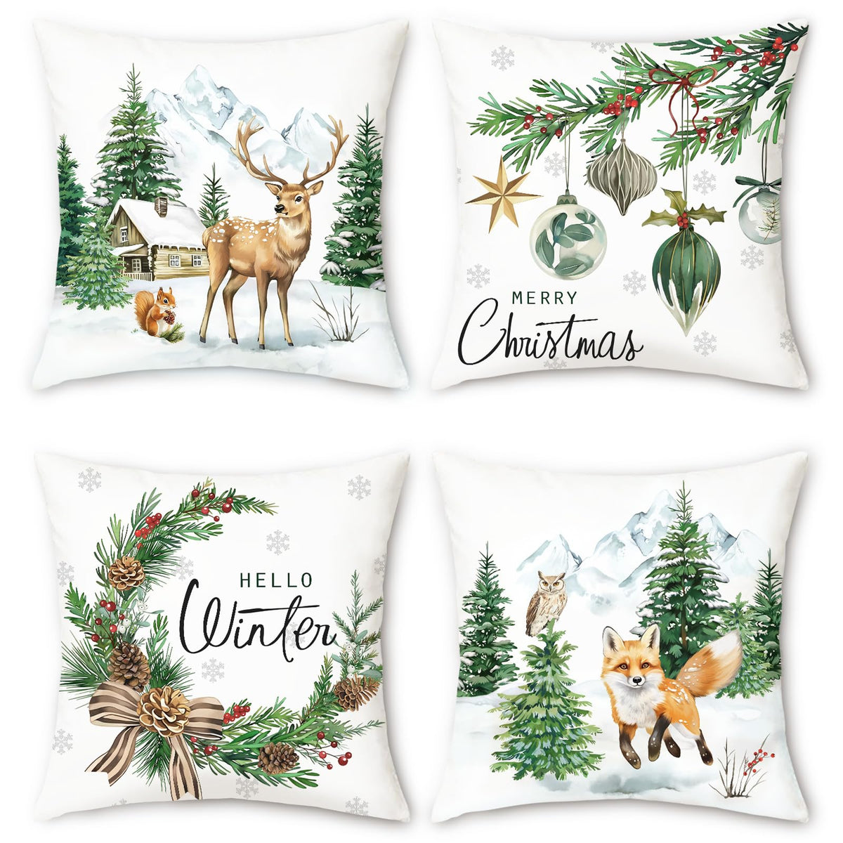 Winter Christmas Trees Reindeer Throw Pillow Covers 18 x 18 Inch Snowflake Xmas Balls Red Berries Snowy Cabin