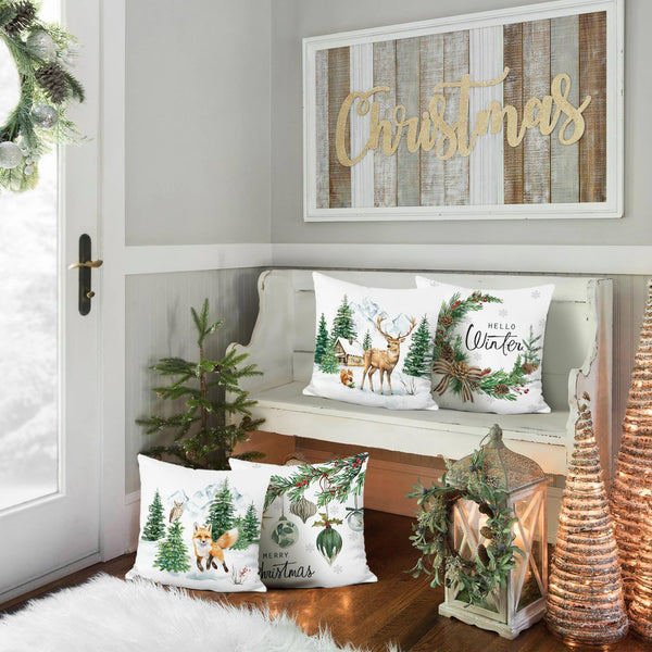 Winter Christmas Trees Reindeer Throw Pillow Covers 18 x 18 Inch Snowflake Xmas Balls Red Berries Snowy Cabin
