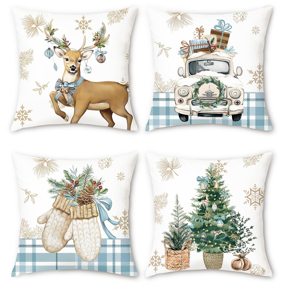 Christmas Throw Pillow Covers 18x18 Inch Reindeer Xmas Tree Truck Gloves Blue Winter