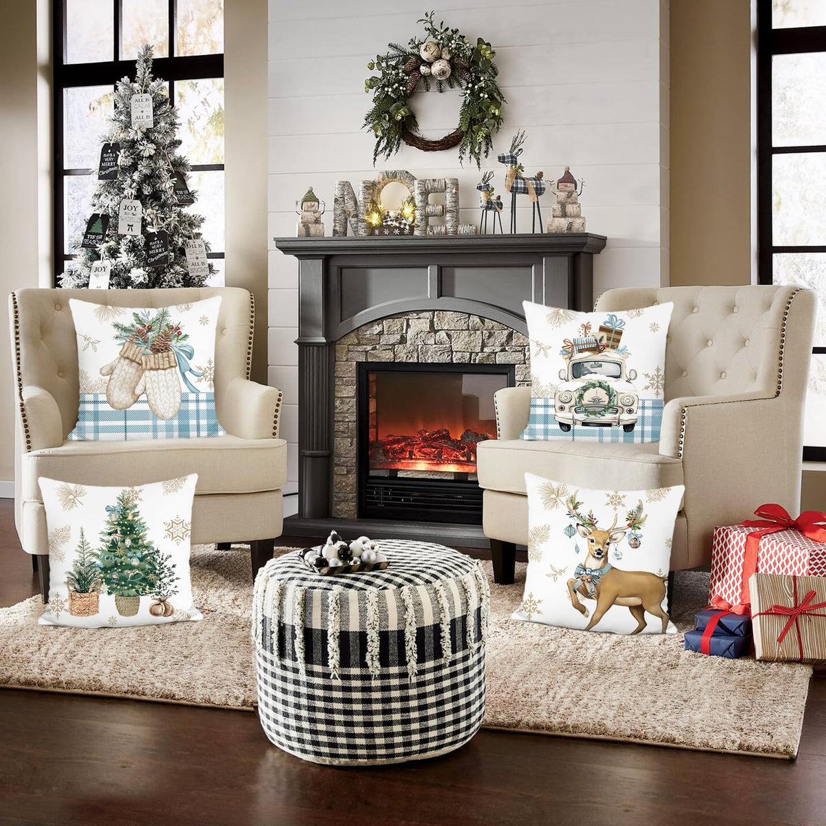 Christmas Throw Pillow Covers 18x18 Inch Reindeer Xmas Tree Truck Gloves Blue Winter