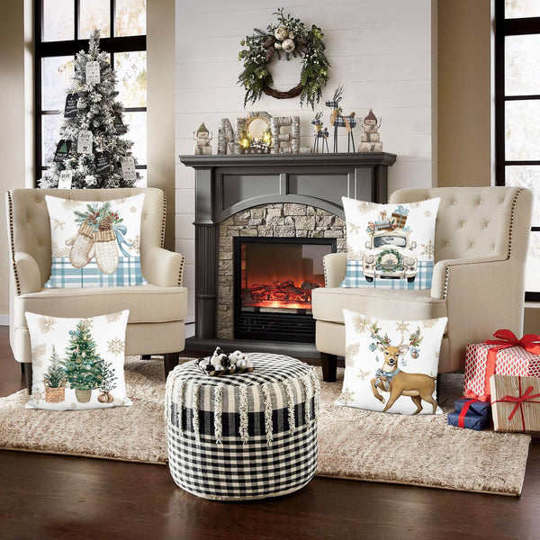 Christmas Throw Pillow Covers 18x18 Inch Reindeer Xmas Tree Truck Gloves Blue Winter